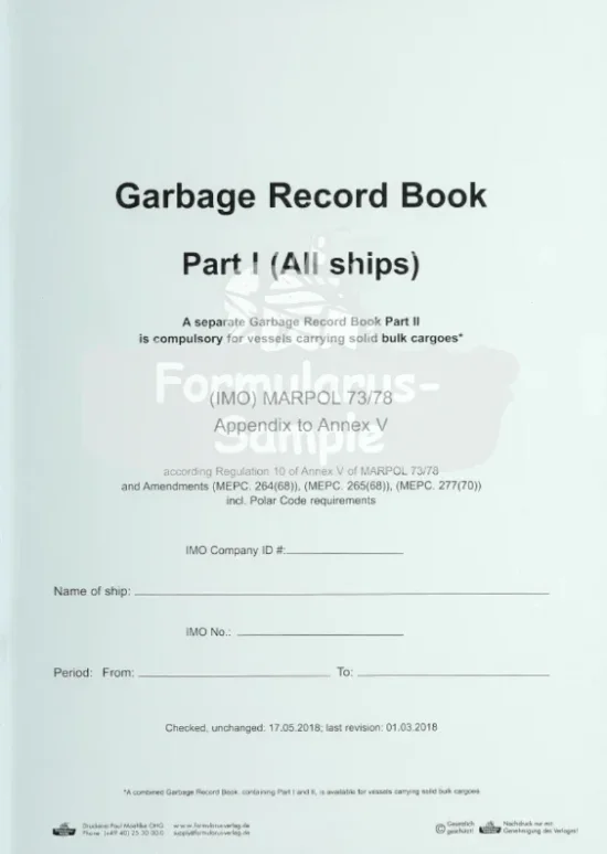 Safety Equipment Garbage Record Book Part I
