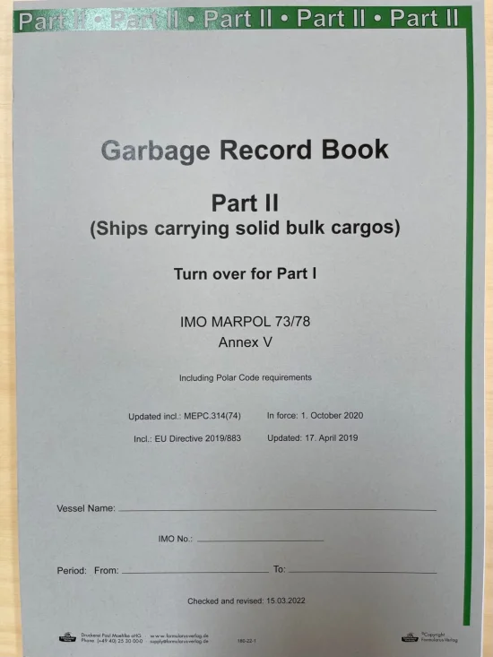 Safety Equipment Garbage Record Book Part II